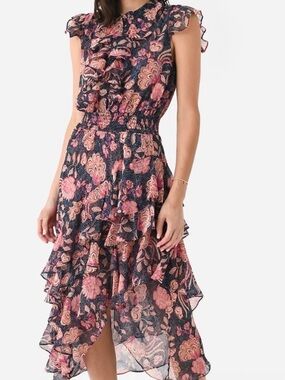 Misa Los Angeles Navy Paisley Ruffle-Tier Maxi Dress with Coral Accents